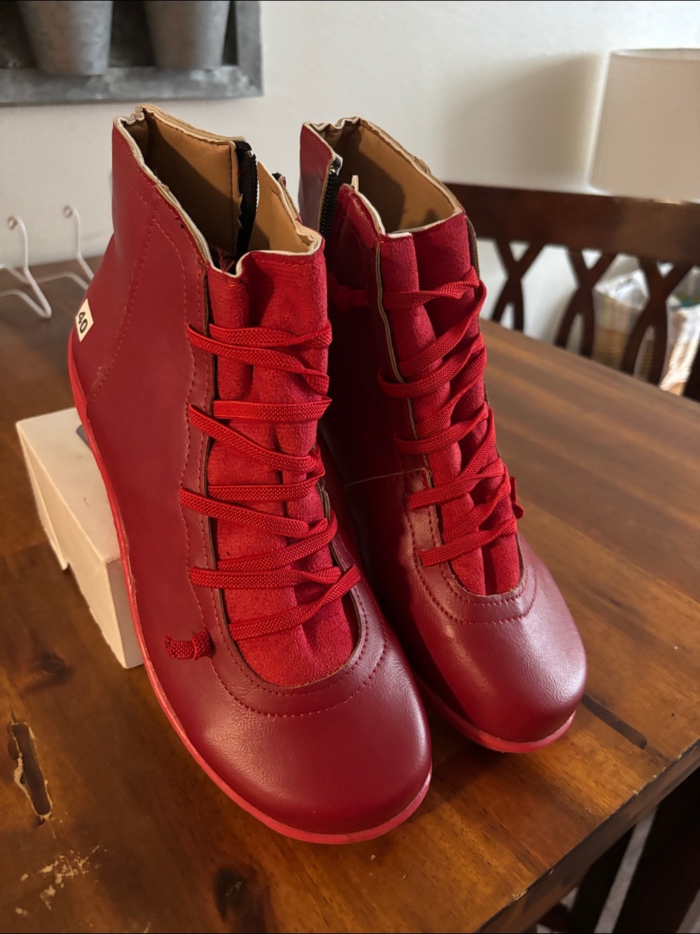 New Minimalist 40 Red Ankle Booties Inside Zip Faux Leather Rubber Sole Sneakers